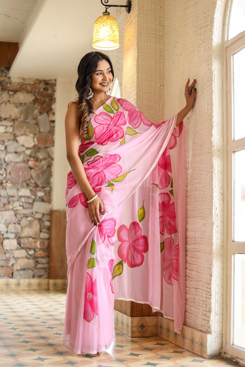 Pink Floral Printed Ready-to-Wear Saree 409