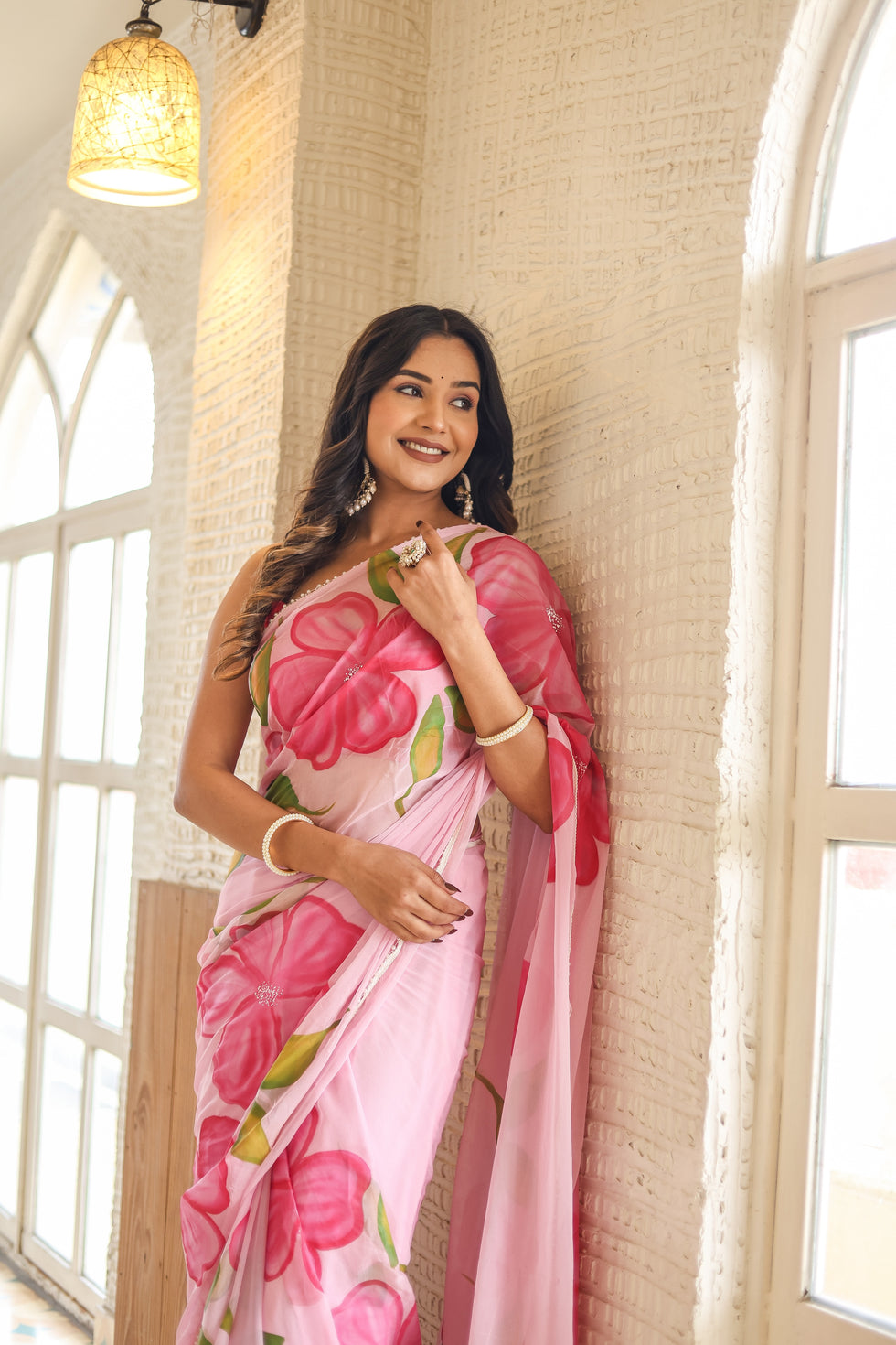 Pink Floral Printed Ready-to-Wear Saree 409