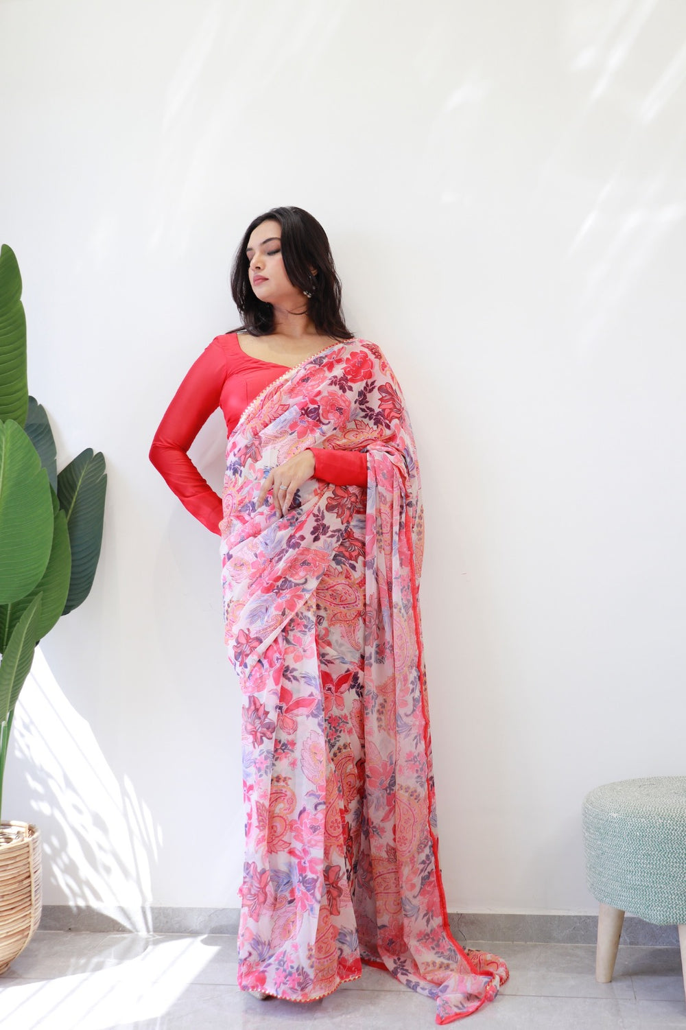White and Red Floral Printed Ready-to-Wear Saree 285