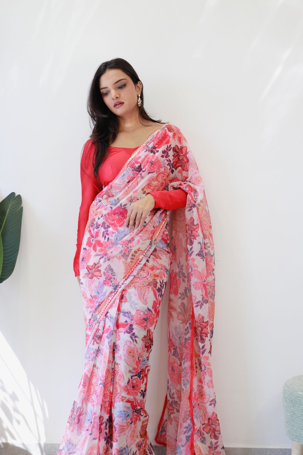 White and Red Floral Printed Ready-to-Wear Saree 285