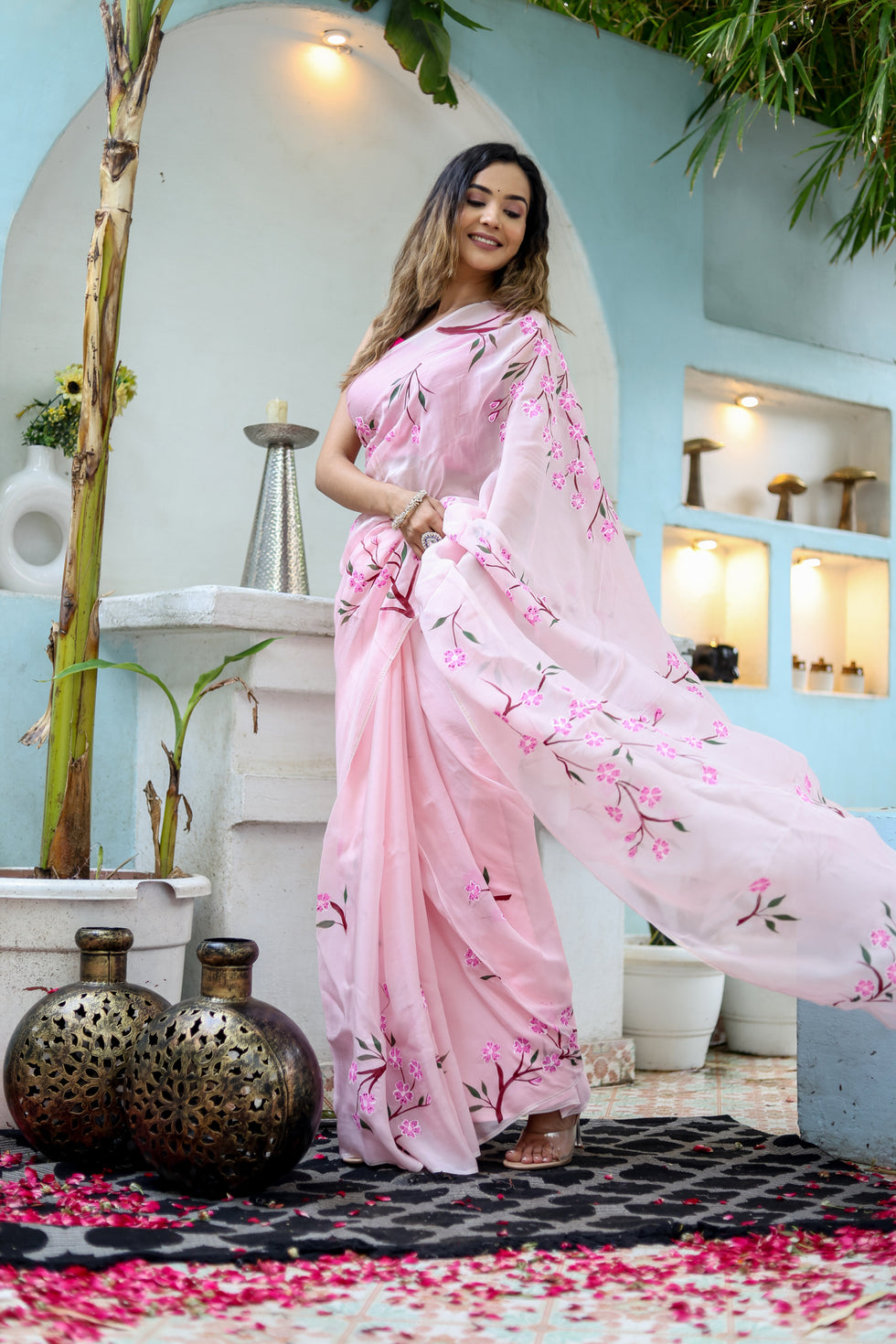 Light Pink Floral Printed Ready-to-Wear Saree 389