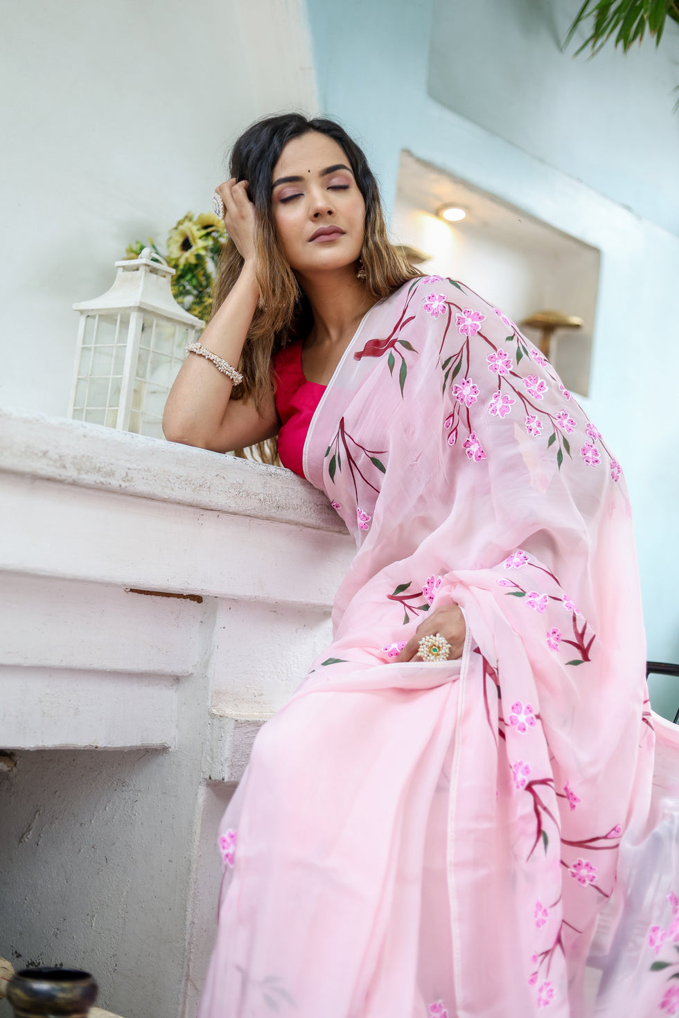 Light Pink Floral Printed Ready-to-Wear Saree 389