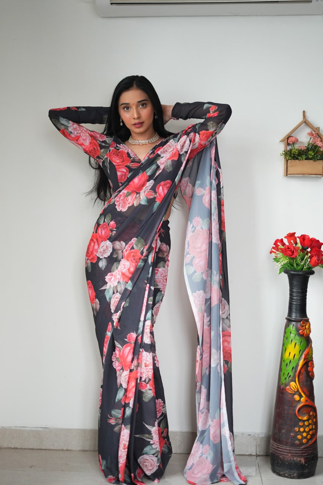 Black Floral Printed Ready-to-Wear Saree 263