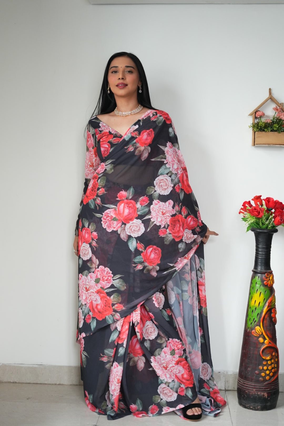 Black Floral Printed Ready-to-Wear Saree 263