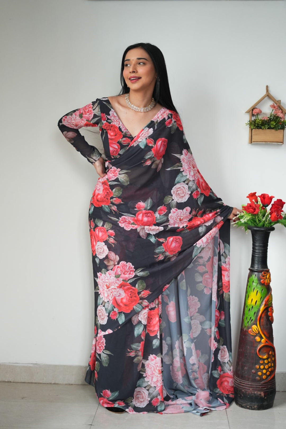 Black Floral Printed Ready-to-Wear Saree 263
