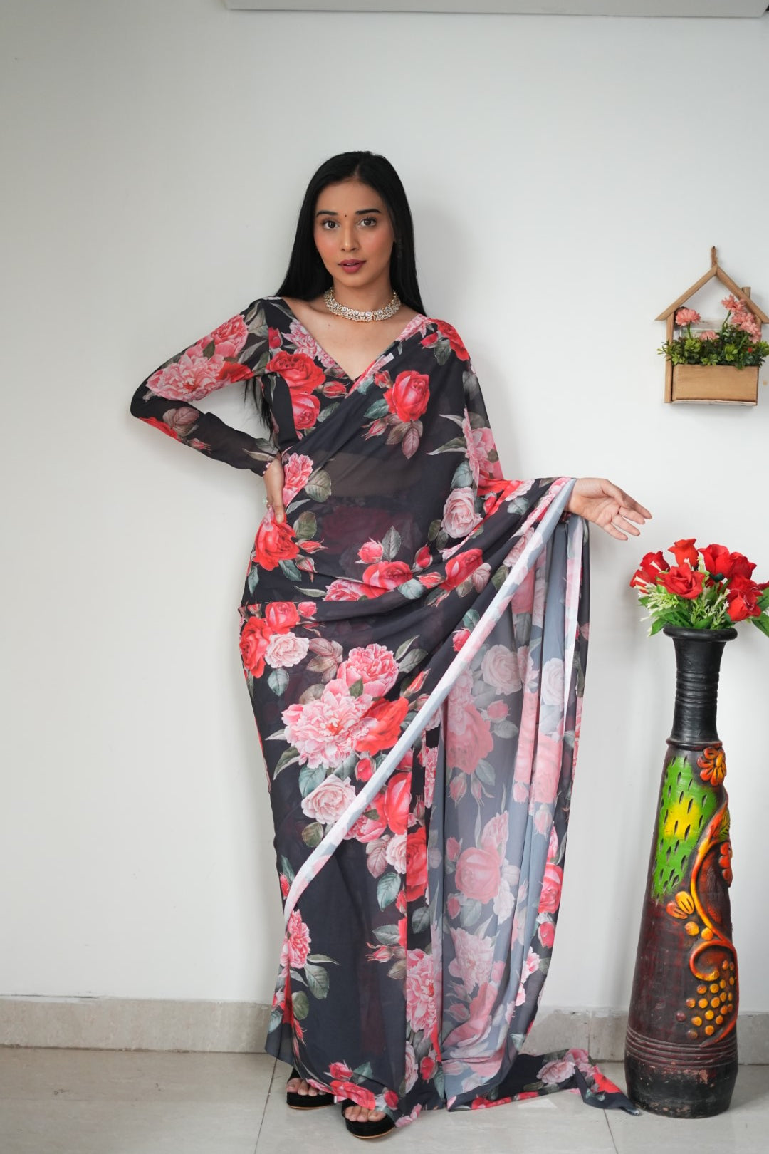 Black Floral Printed Ready-to-Wear Saree 263
