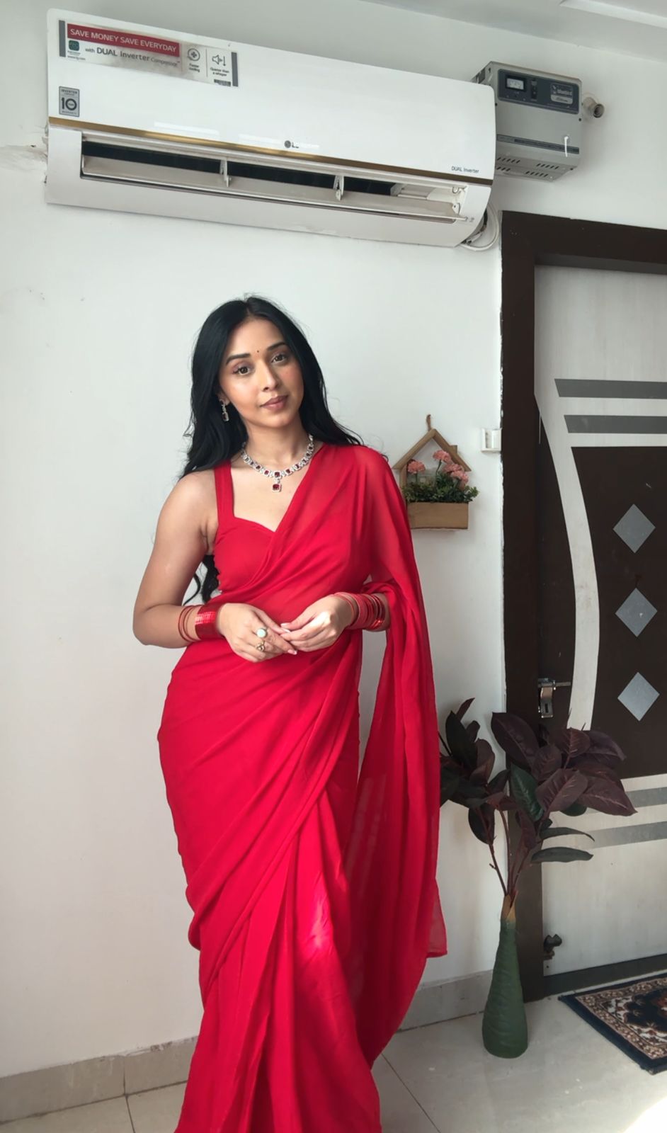 Red plain Ready-to-Wear Saree 248