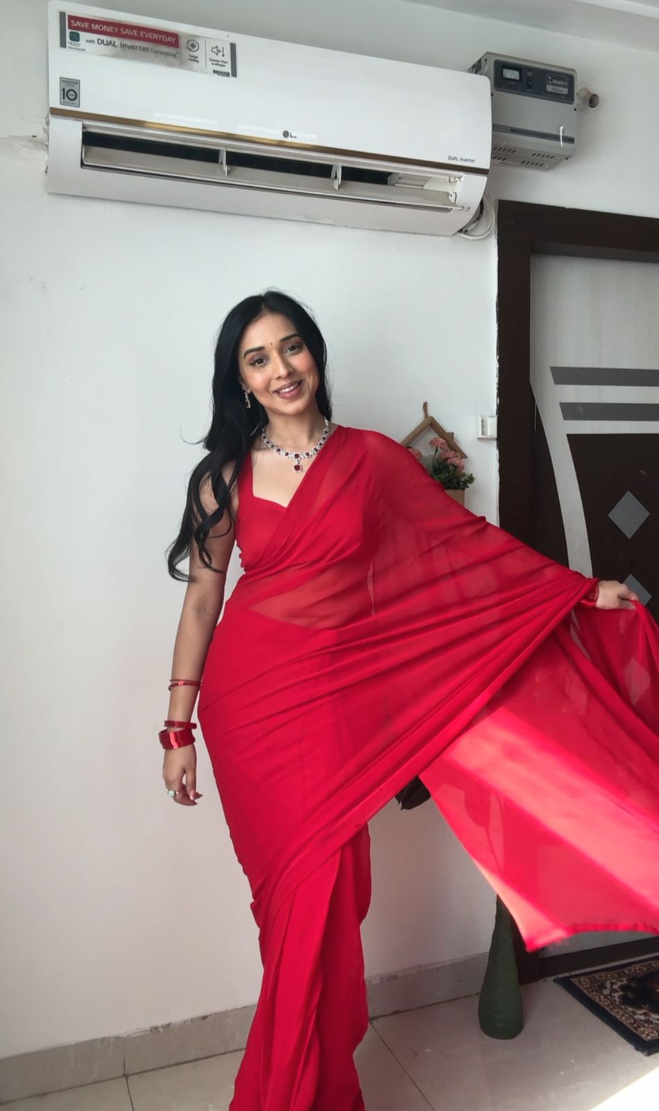 Red plain Ready-to-Wear Saree 248