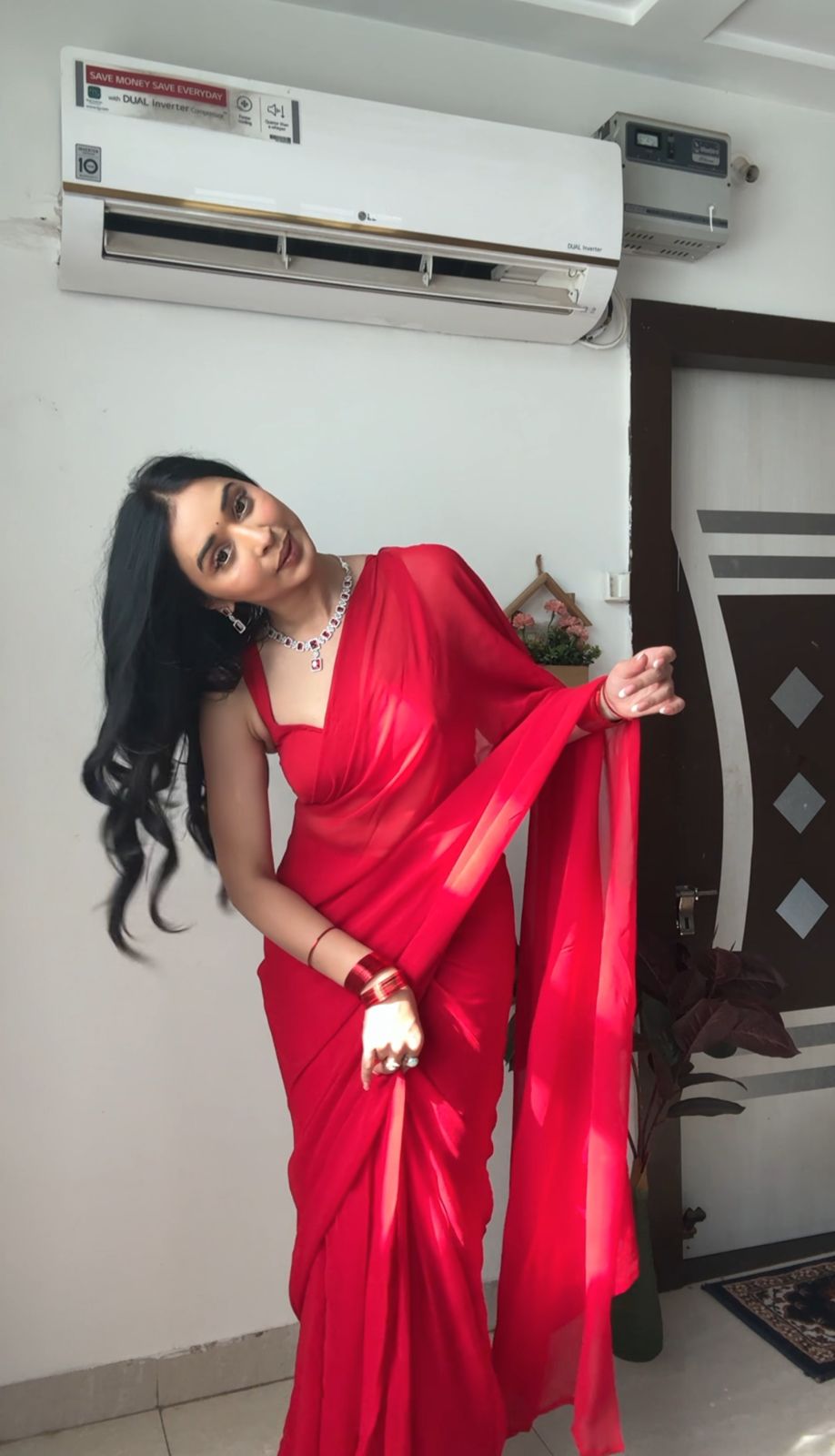 Red plain Ready-to-Wear Saree 248