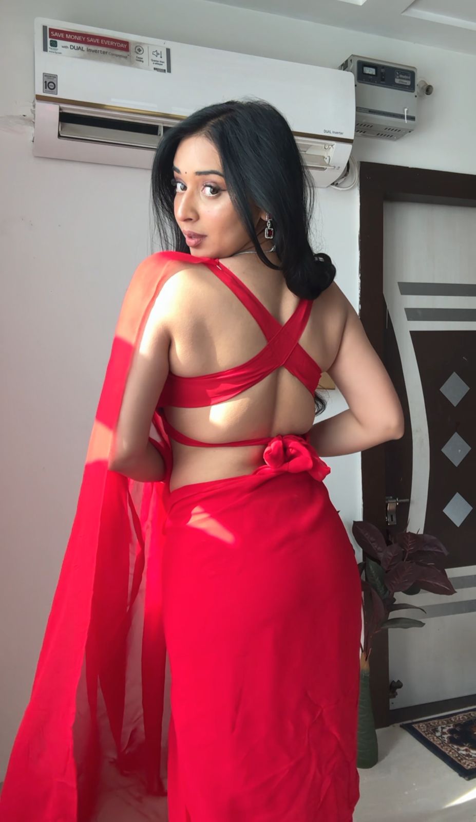 Red plain Ready-to-Wear Saree 248