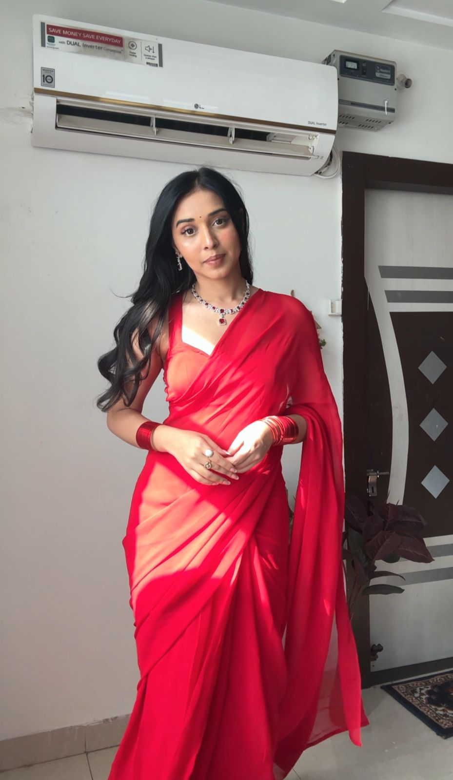Red plain Ready-to-Wear Saree 248
