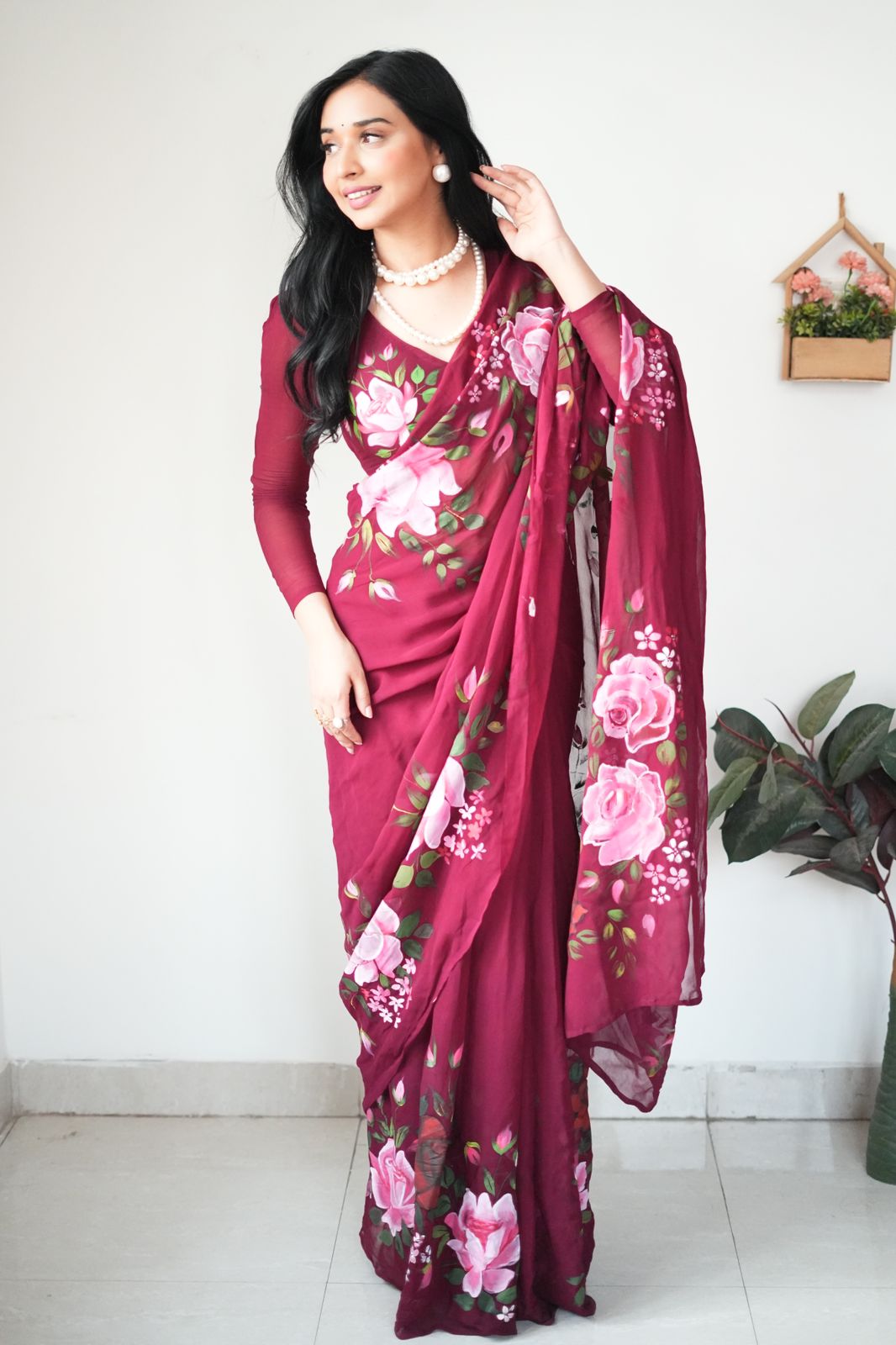 Maroon Floral Printed Ready-to-Wear Saree 283