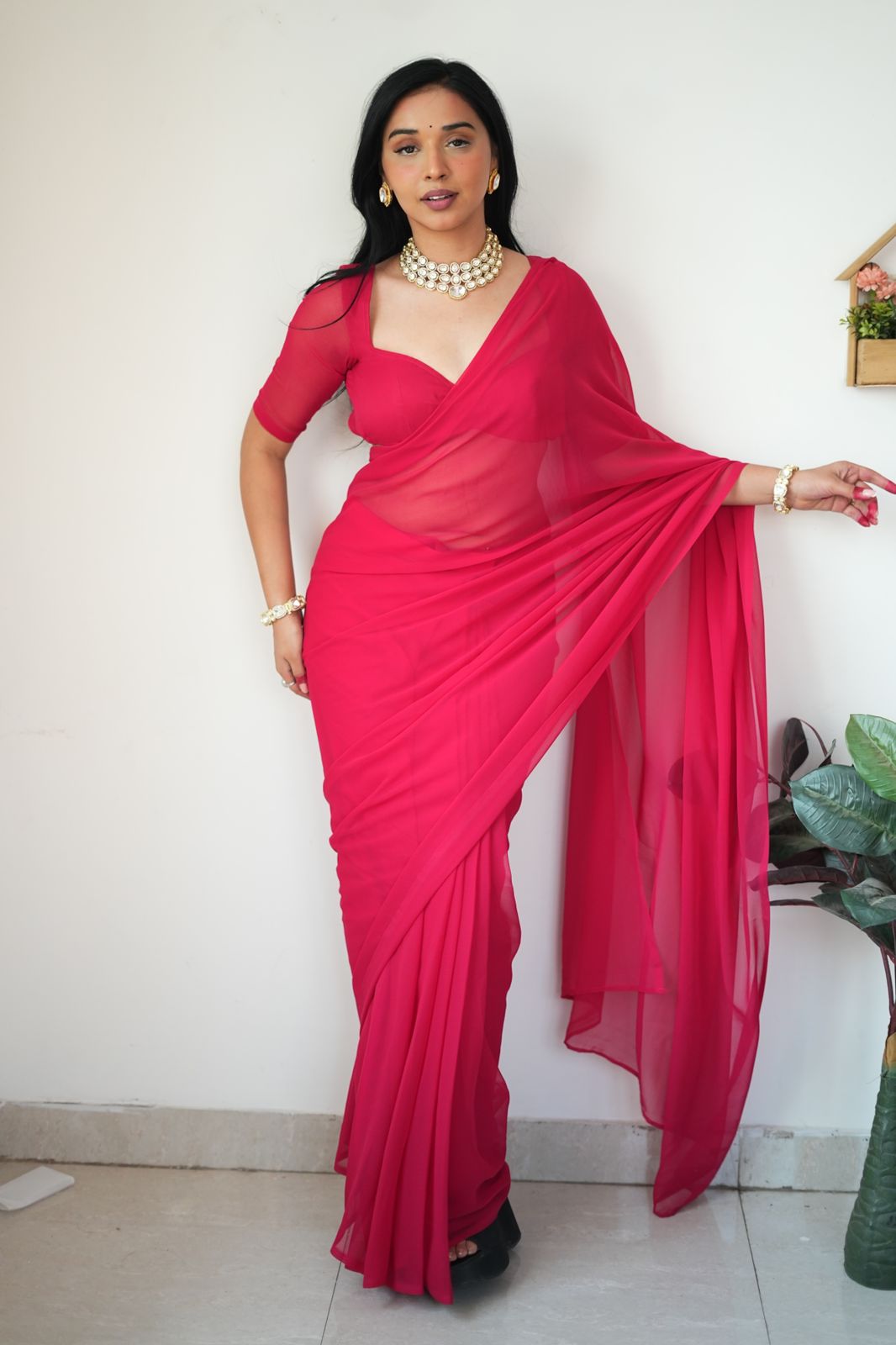 Red plain Ready-to-Wear Saree 248