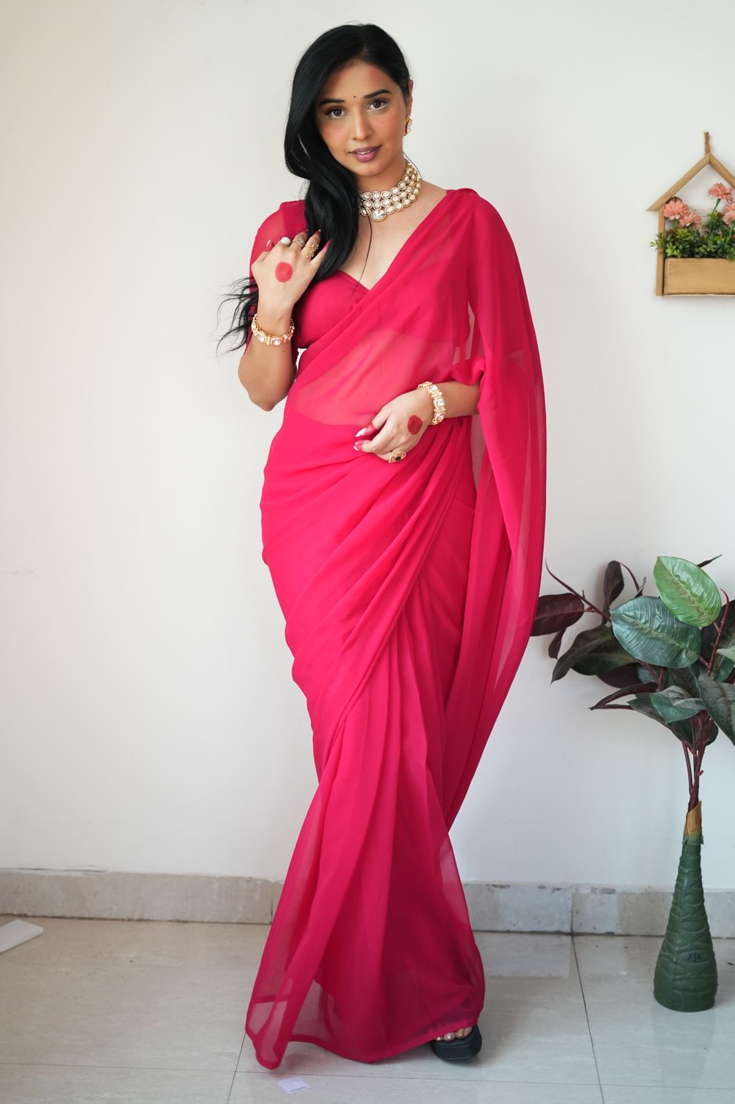 Red plain Ready-to-Wear Saree 248