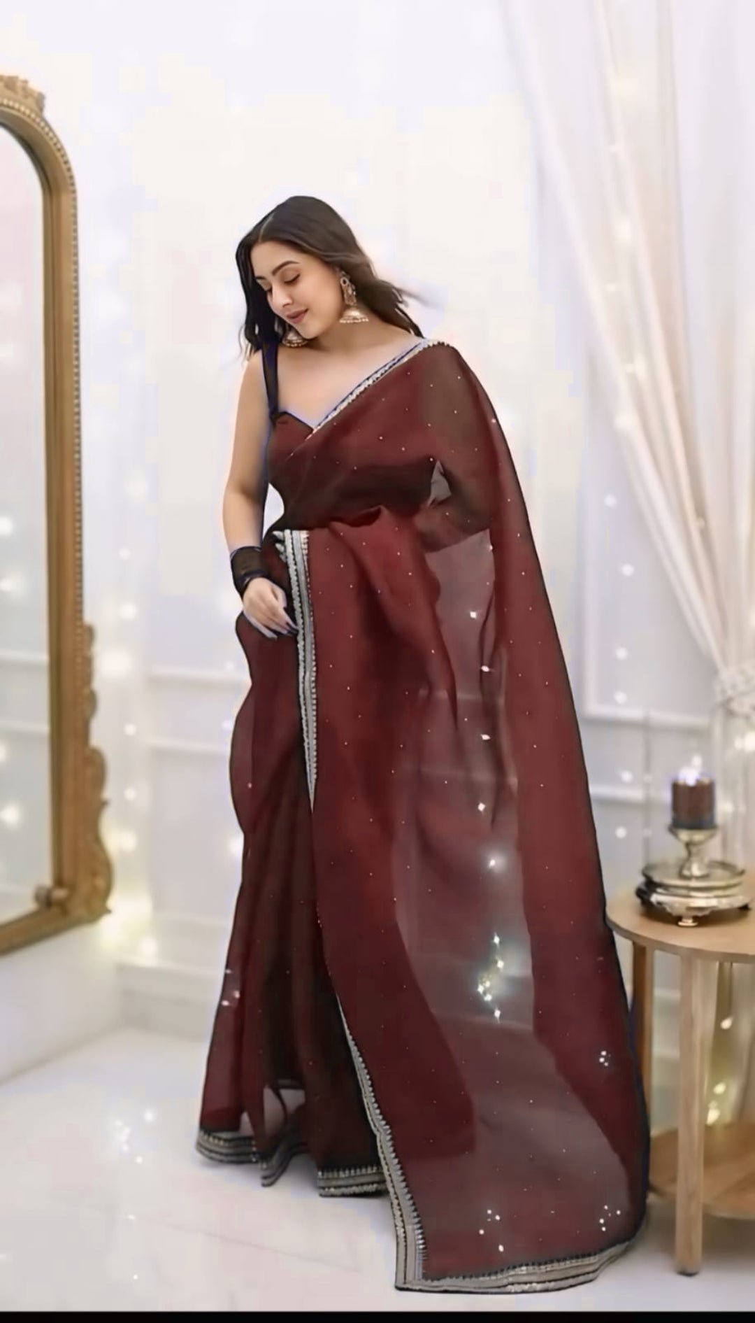 Brown Net Ready-to-Wear Saree 385