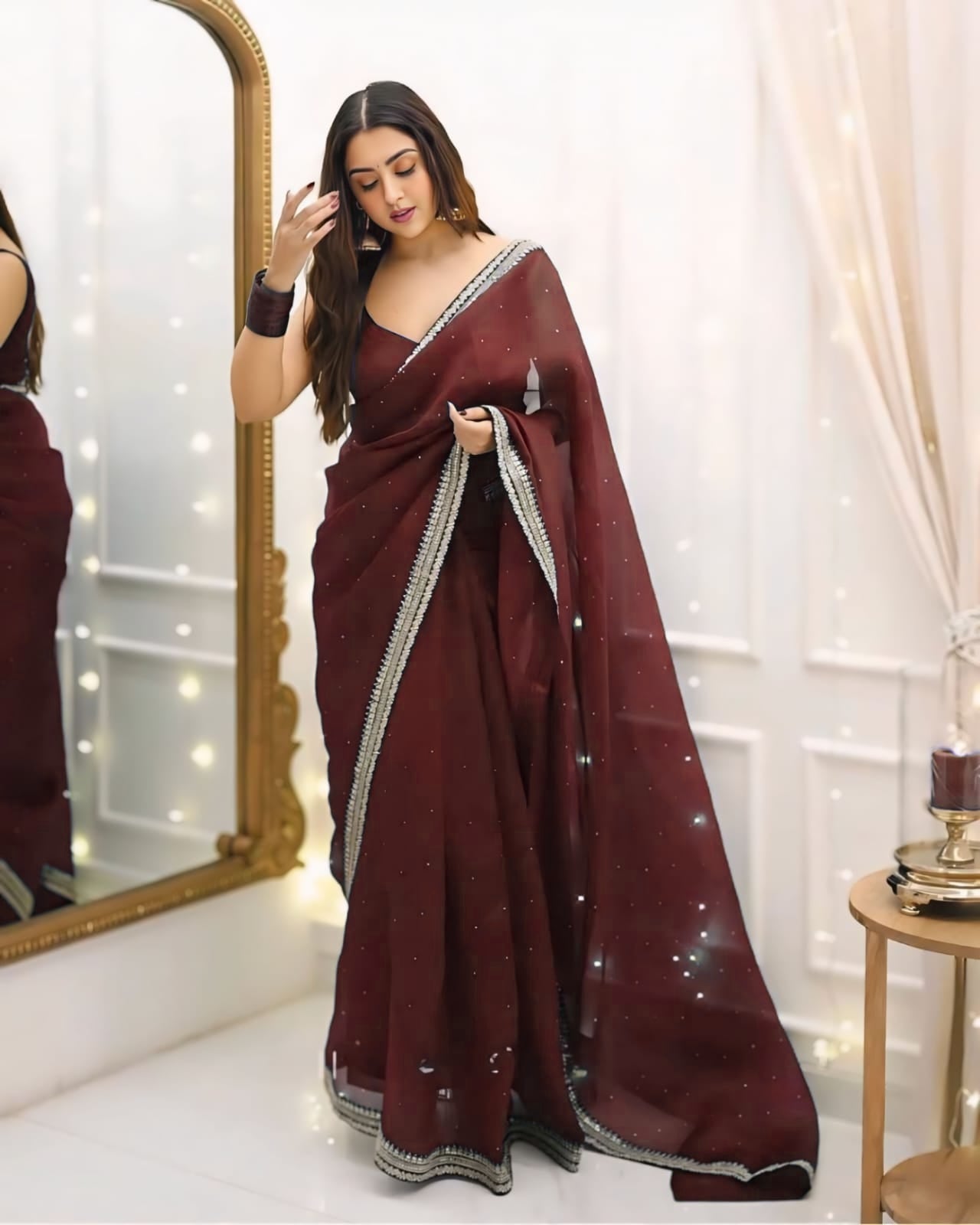 Brown Net Ready-to-Wear Saree 385
