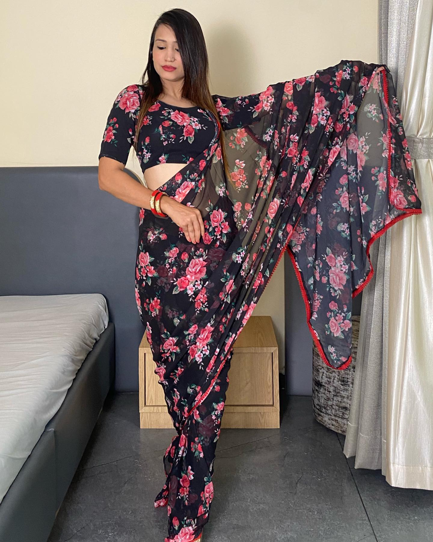 Black Floral Printed Ready-to-Wear Saree 354