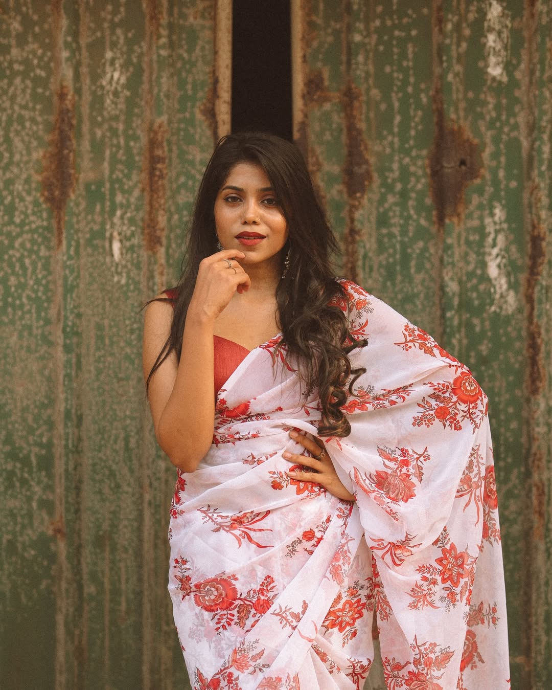 White floral Printed Ready-to-Wear Saree 416