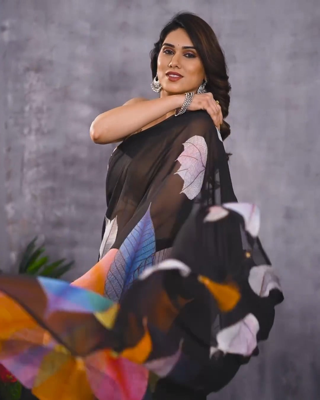 Black floral Printed Ready-to-Wear Saree 415