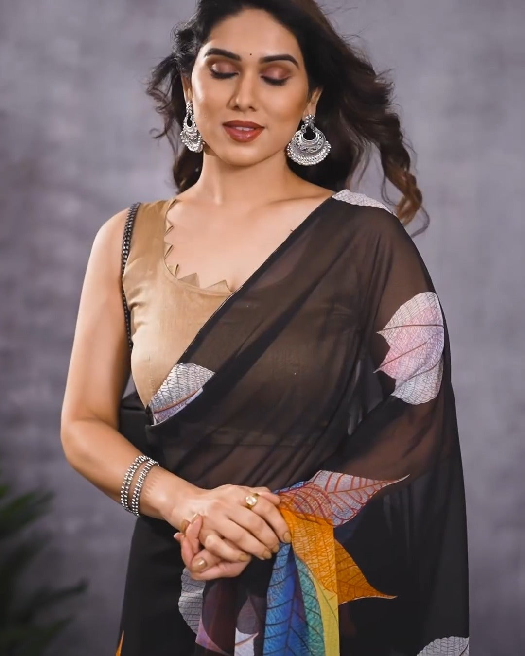 Black floral Printed Ready-to-Wear Saree 415