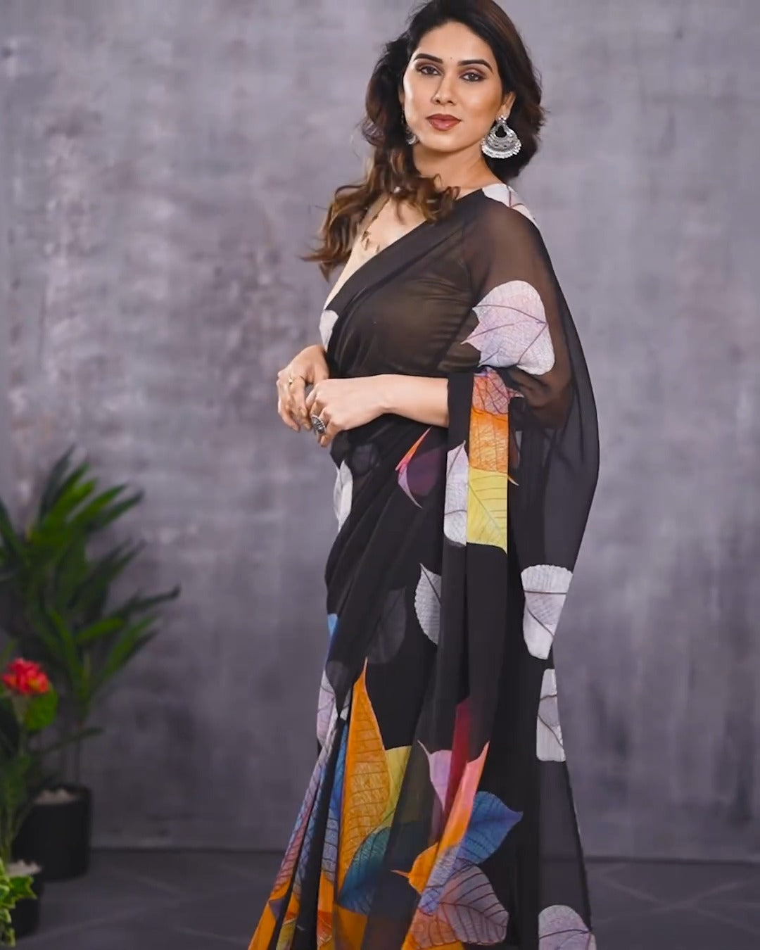 Black floral Printed Ready-to-Wear Saree 415