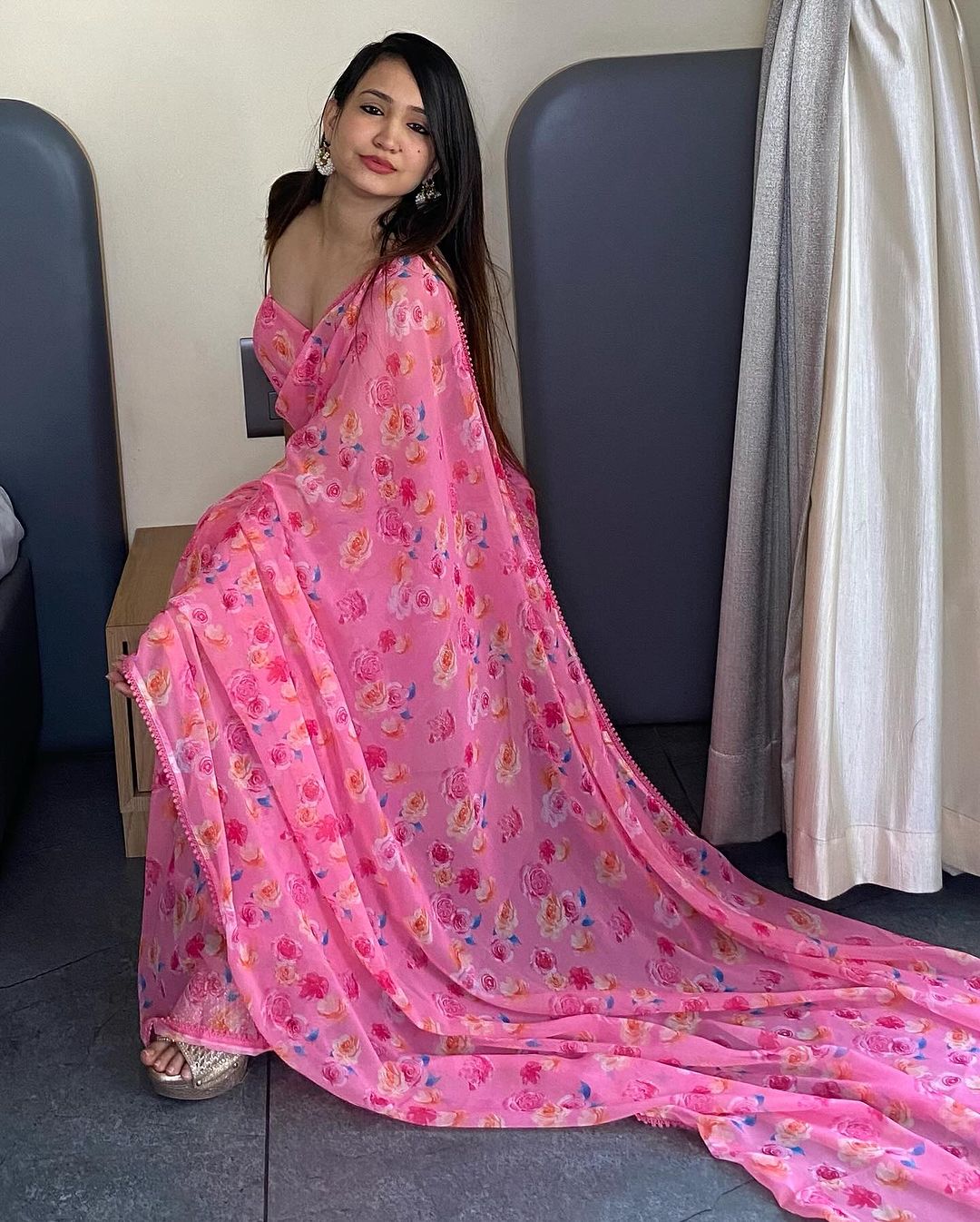 Pink Floral Printed Ready-to-Wear Saree  330
