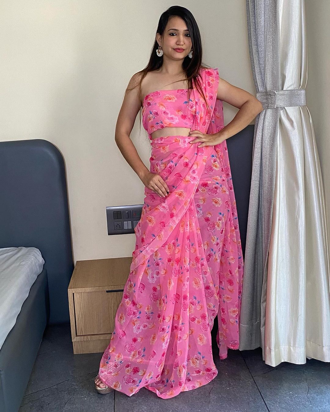 Pink Floral Printed Ready-to-Wear Saree  330