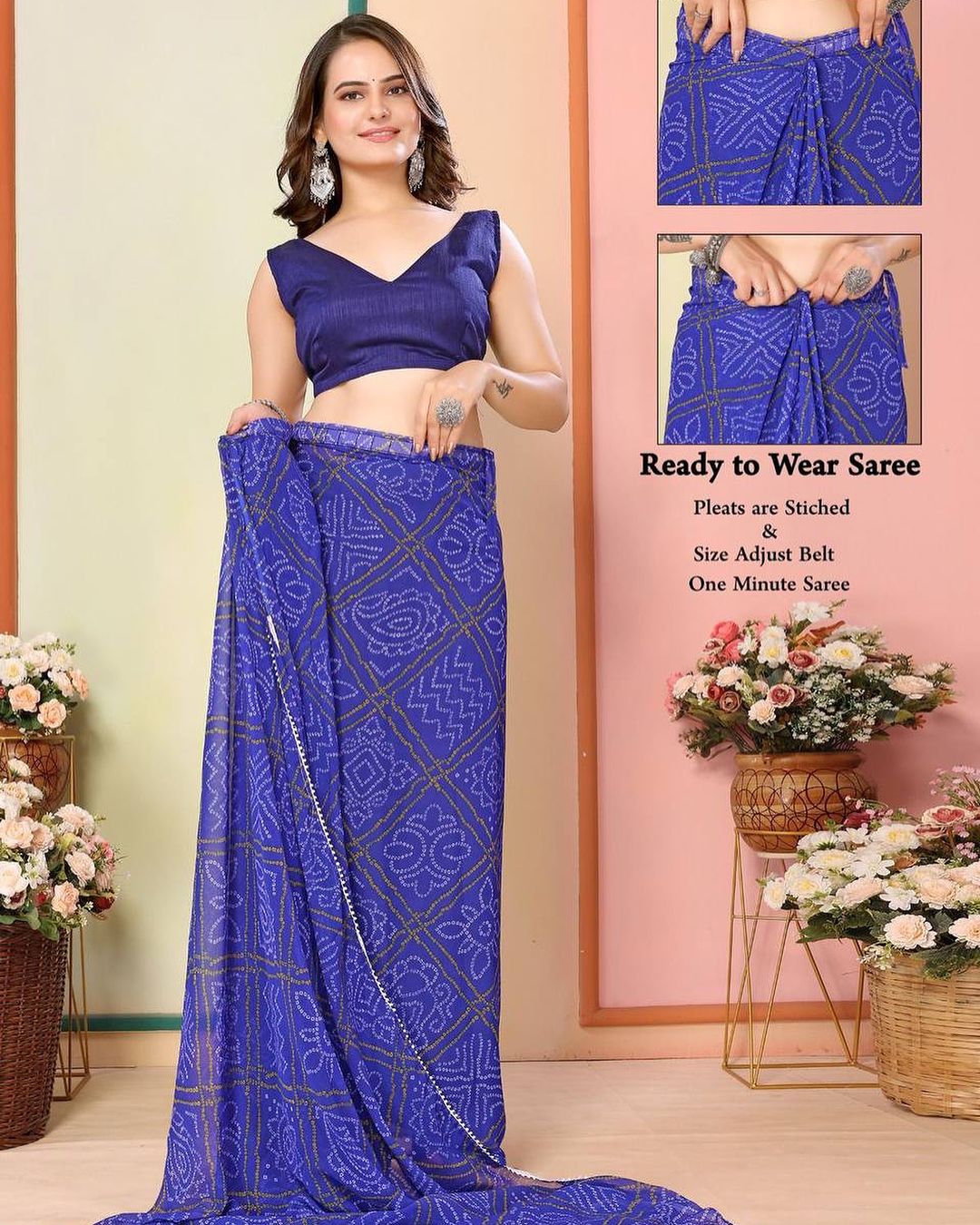 Blue Bandhani Saree Ready-to-Wear Saree 332