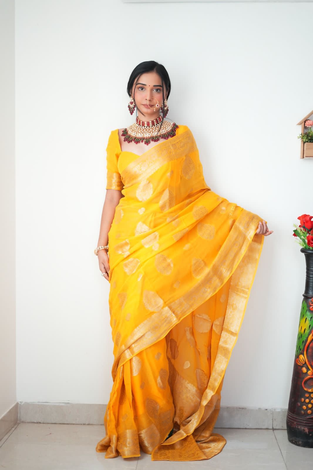 Yellow Banarsi Design Ready-to-Wear Saree 145