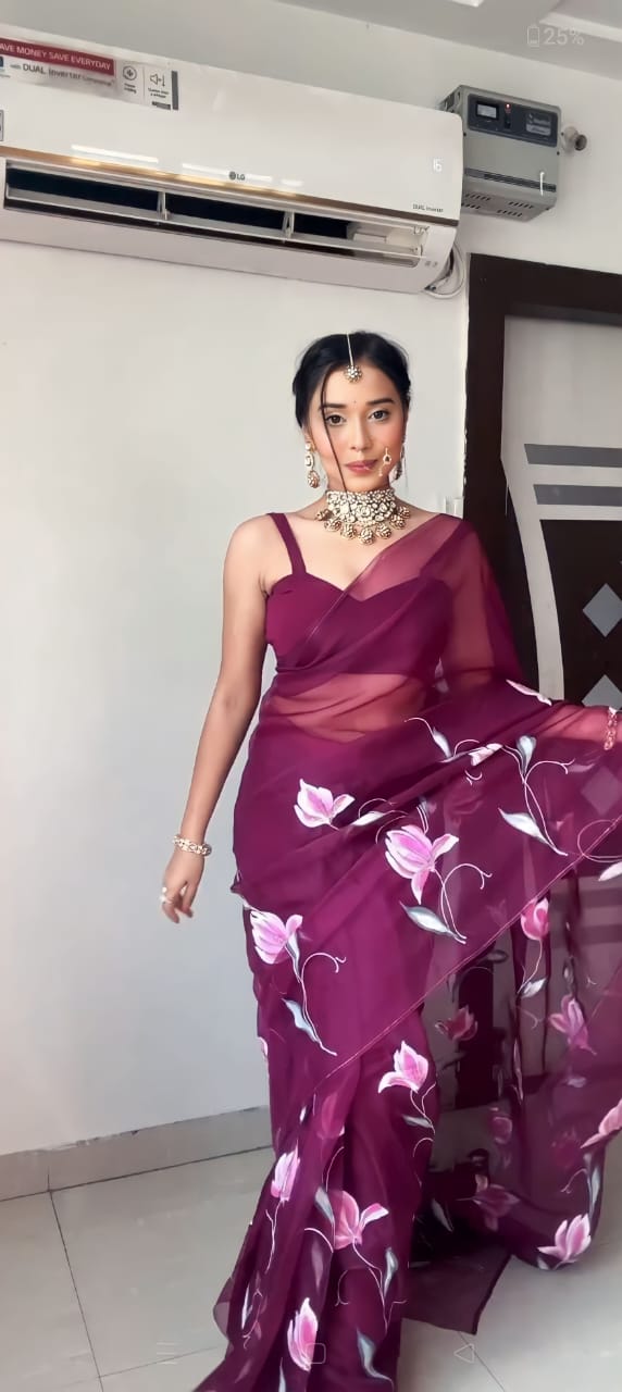 Wine floral Printed Ready-to-Wear Saree 177