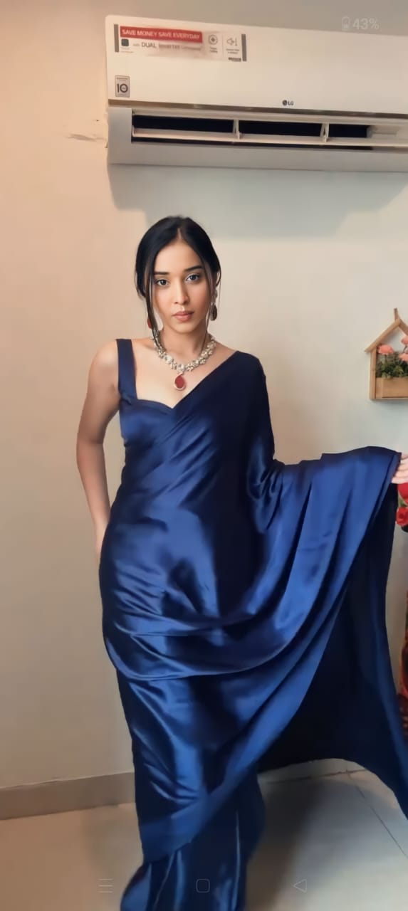 Navy Blue Satin Ready-to-Wear Saree – Elegant & Effortless Draping - 175