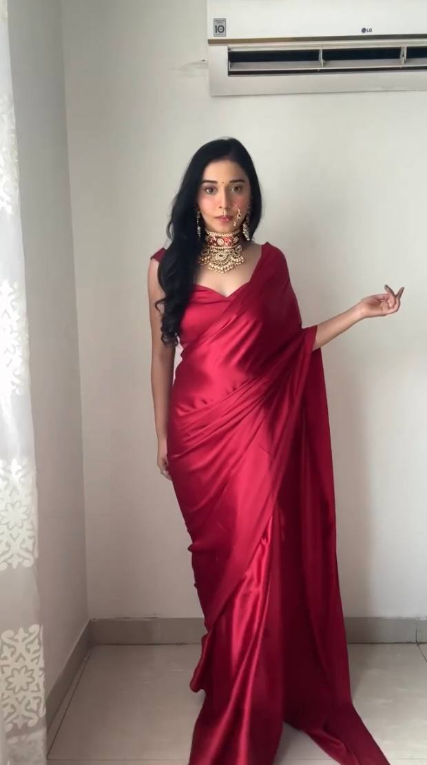 Red Satin Ready-to-Wear Saree – Elegant & Effortless Draping - 175