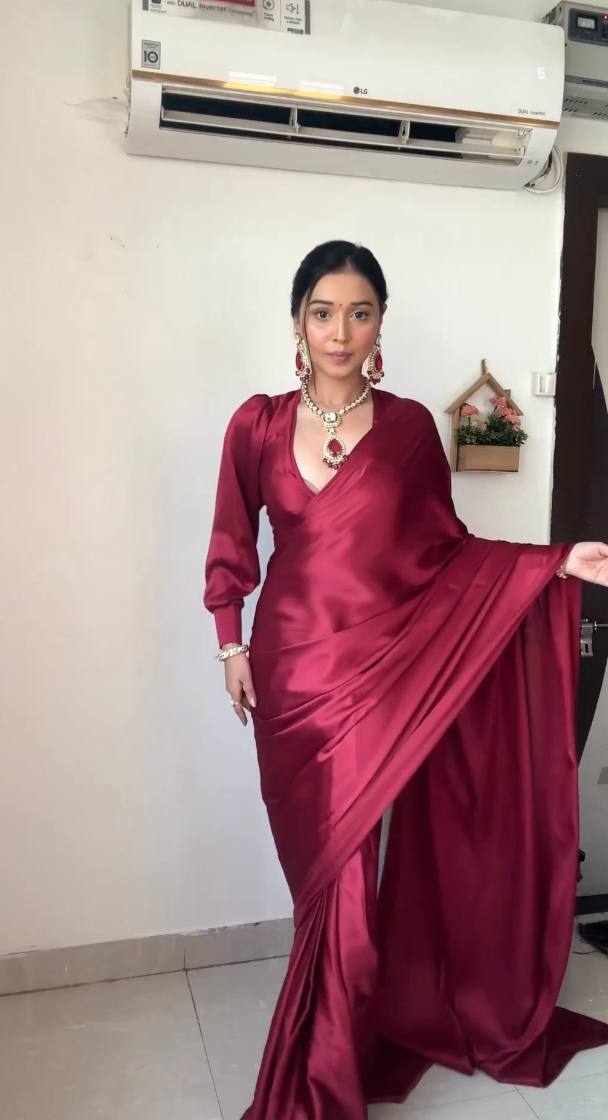 Maroon Satin Ready-to-Wear Saree – Elegant & Effortless Draping - 175