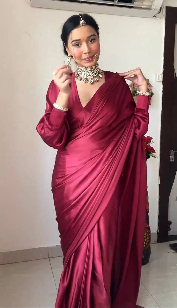 Maroon Satin Ready-to-Wear Saree – Elegant & Effortless Draping - 175
