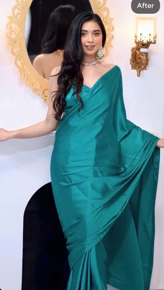 Green Satin Ready-to-Wear Saree – Elegant; Effortless Draping - 175