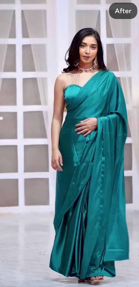 Green Satin Ready-to-Wear Saree – Elegant; Effortless Draping - 175