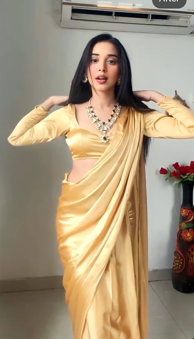 Golden Satin Ready-to-Wear Saree – Elegant & Effortless Draping - 175