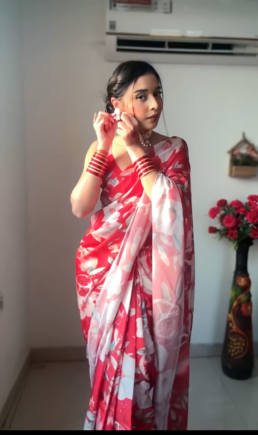 Red and White floral Printed Ready-to-Wear Saree 202