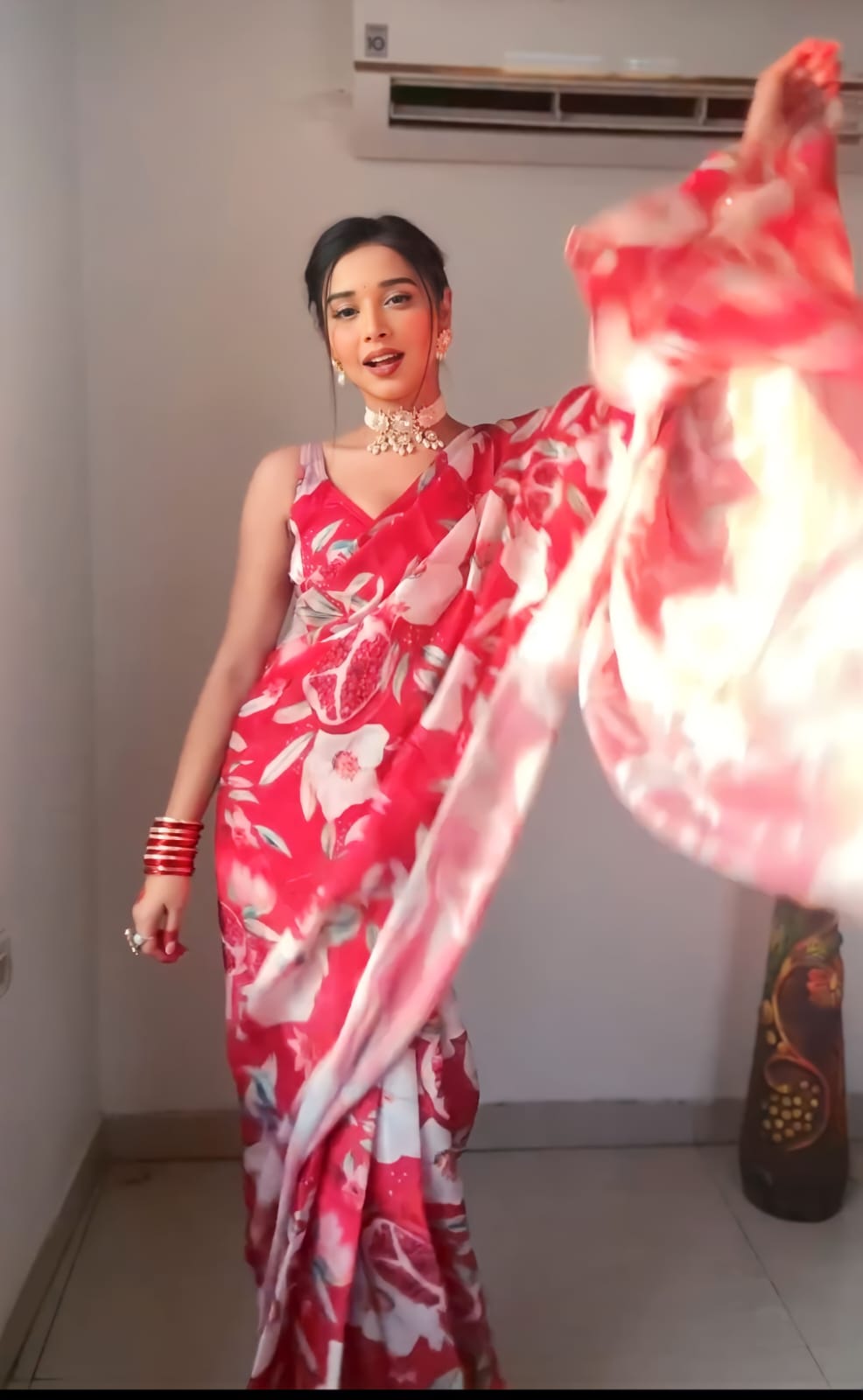 Red and White floral Printed Ready-to-Wear Saree 202