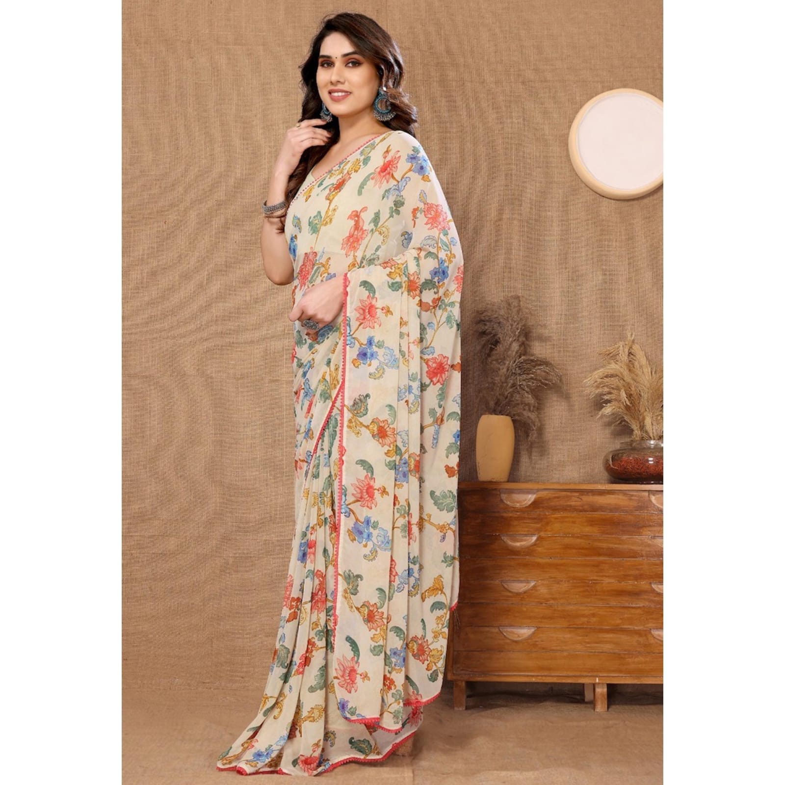 Beige floral Printed Ready-to-Wear Saree 211
