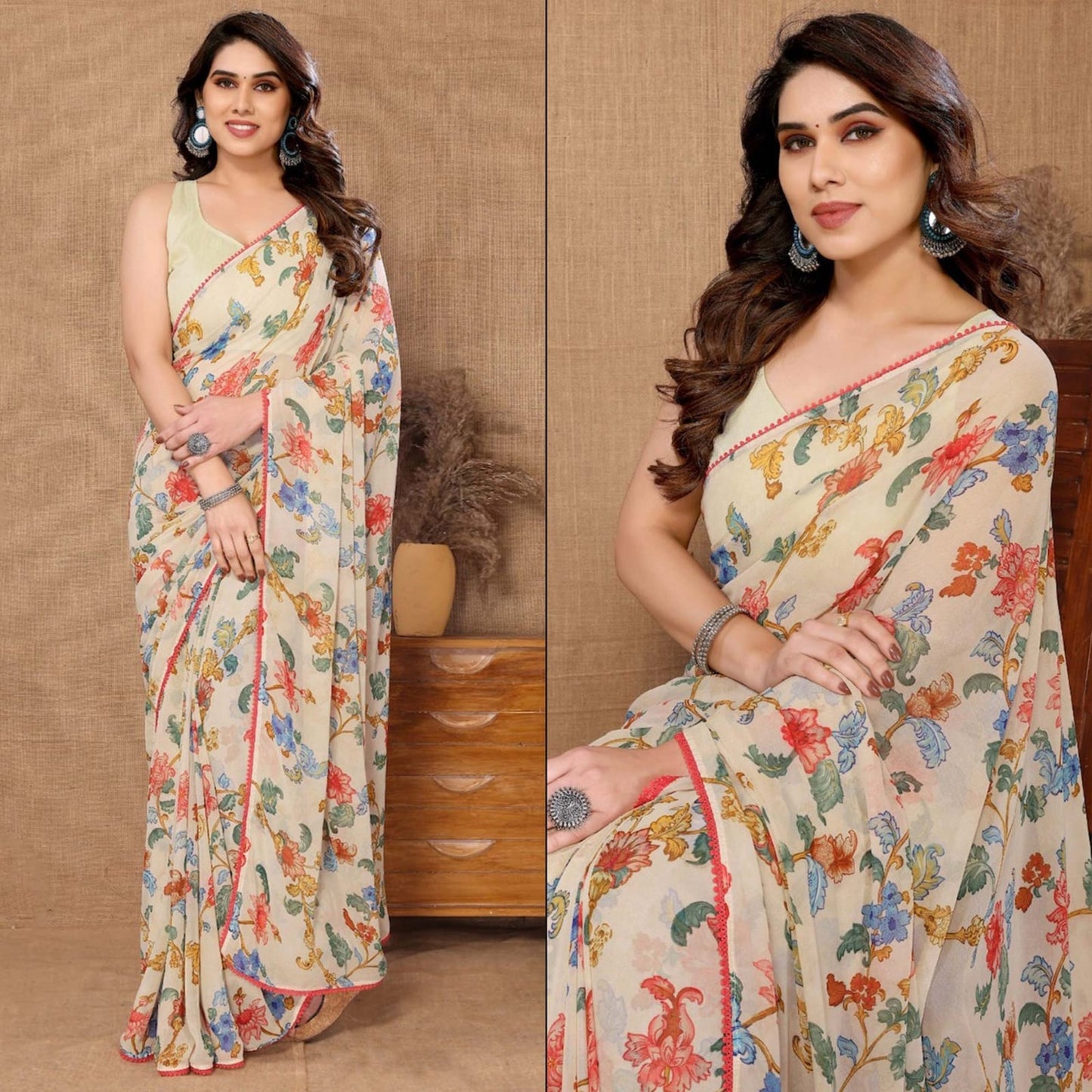 Beige floral Printed Ready-to-Wear Saree 211