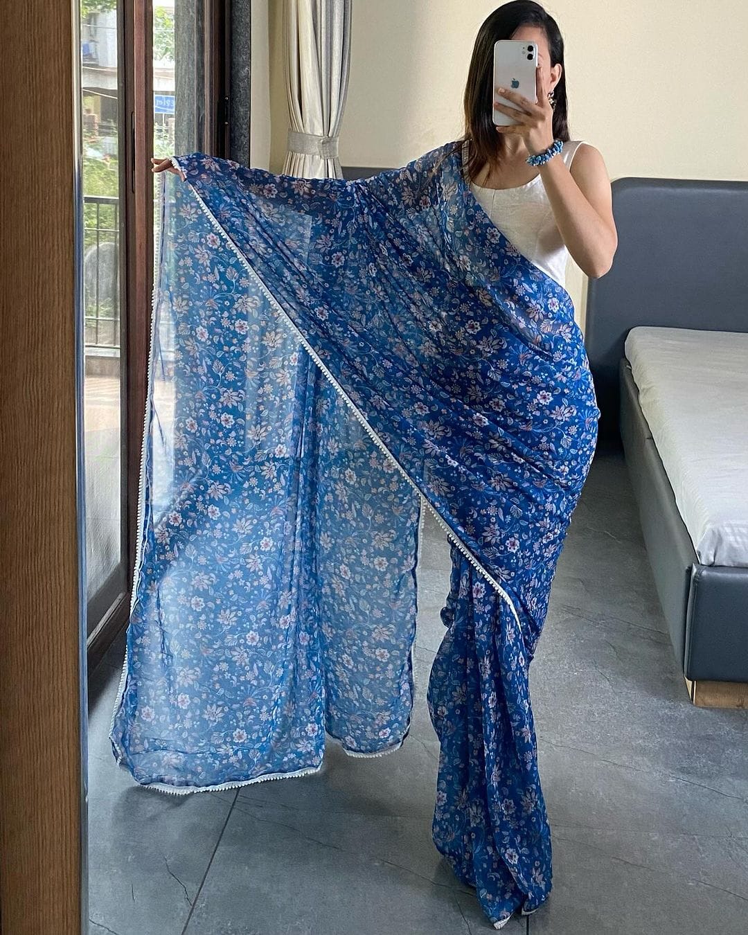 Blue floral Printed Ready-to-Wear Saree 252