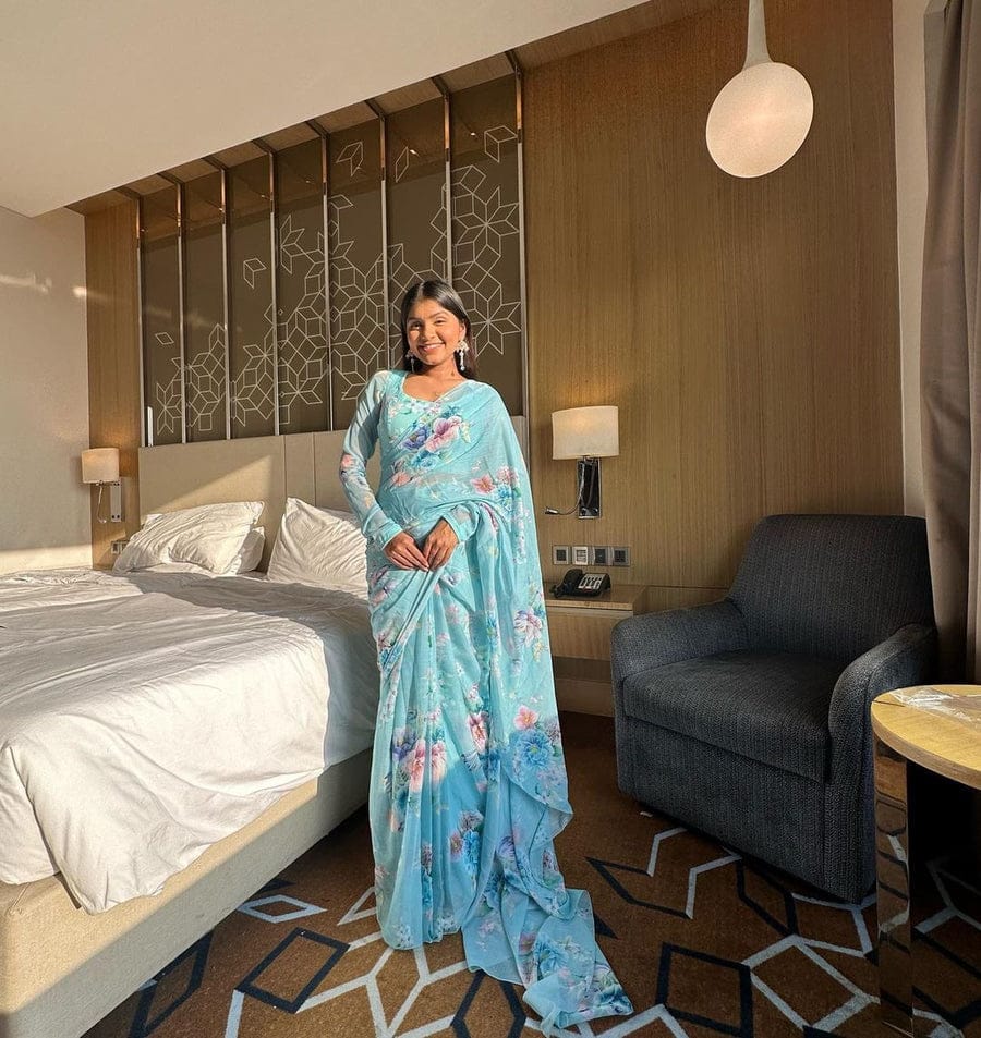 Light Blue floral Printed Ready-to-Wear Saree 253