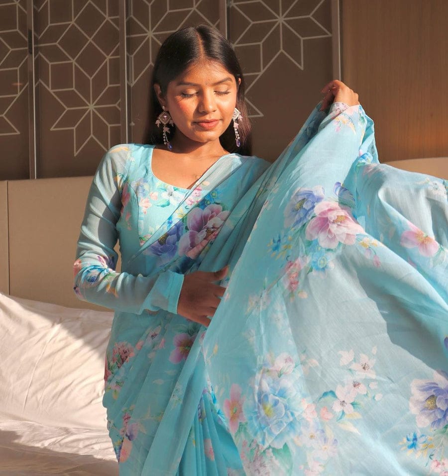 Light Blue floral Printed Ready-to-Wear Saree 253