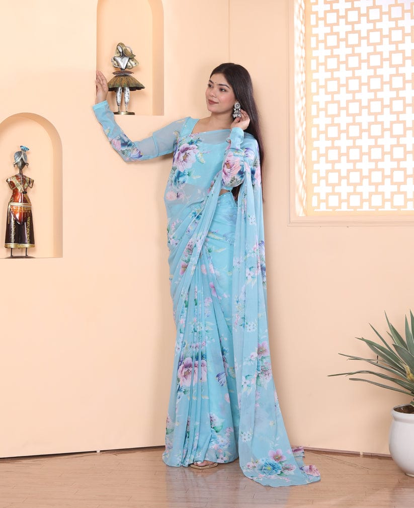 Light Blue floral Printed Ready-to-Wear Saree 253