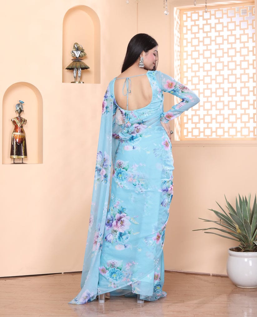 Light Blue floral Printed Ready-to-Wear Saree 253