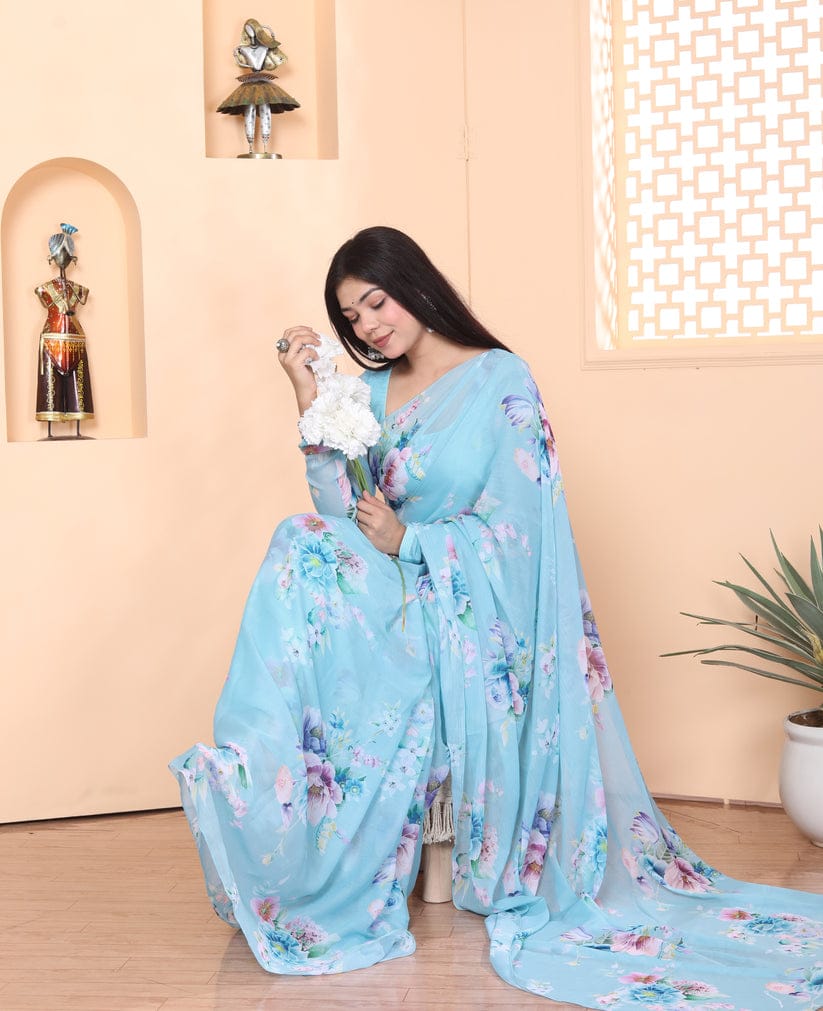 Light Blue floral Printed Ready-to-Wear Saree 253