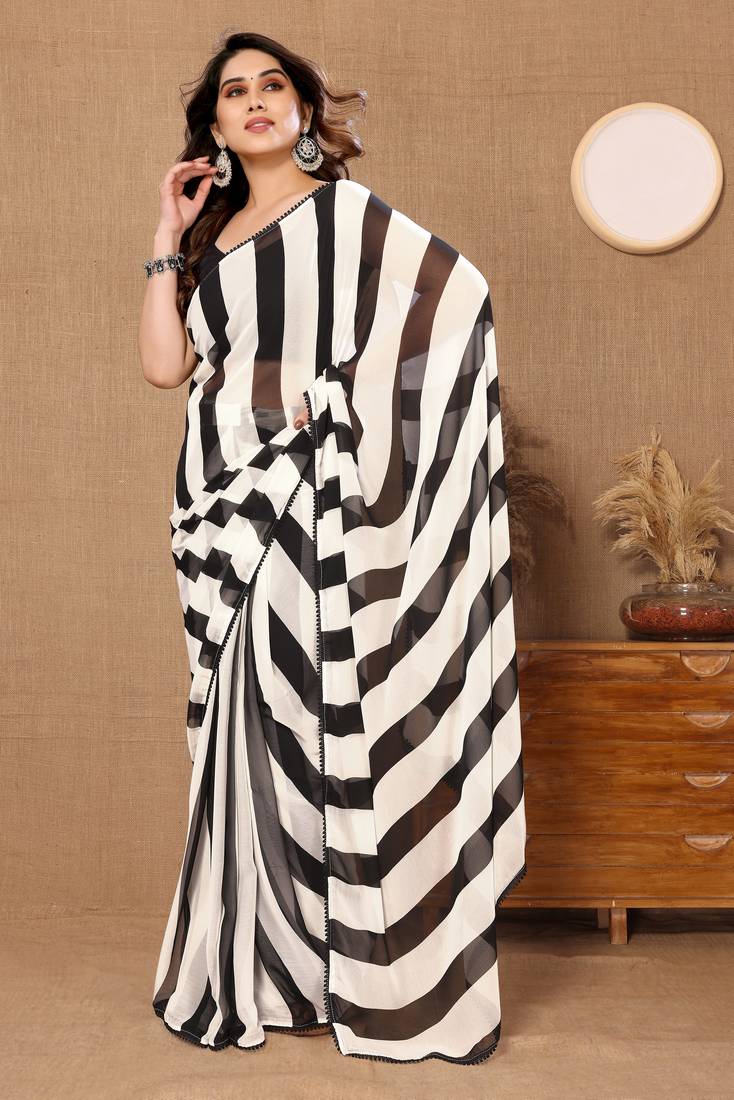 Black and White Stripes Printed Ready-to-Wear Saree 272