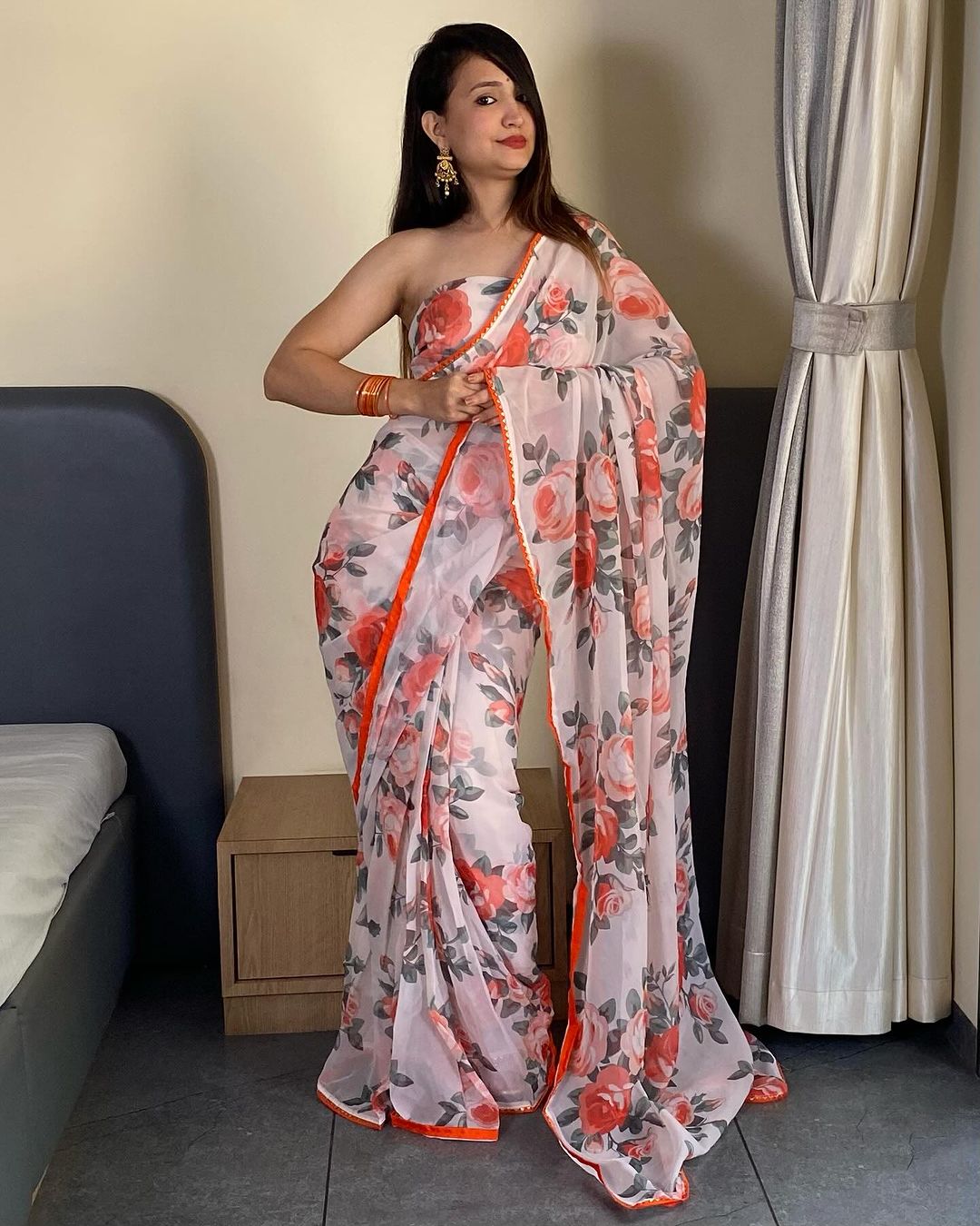 White and orange floral Printed Ready-to-Wear Saree 254
