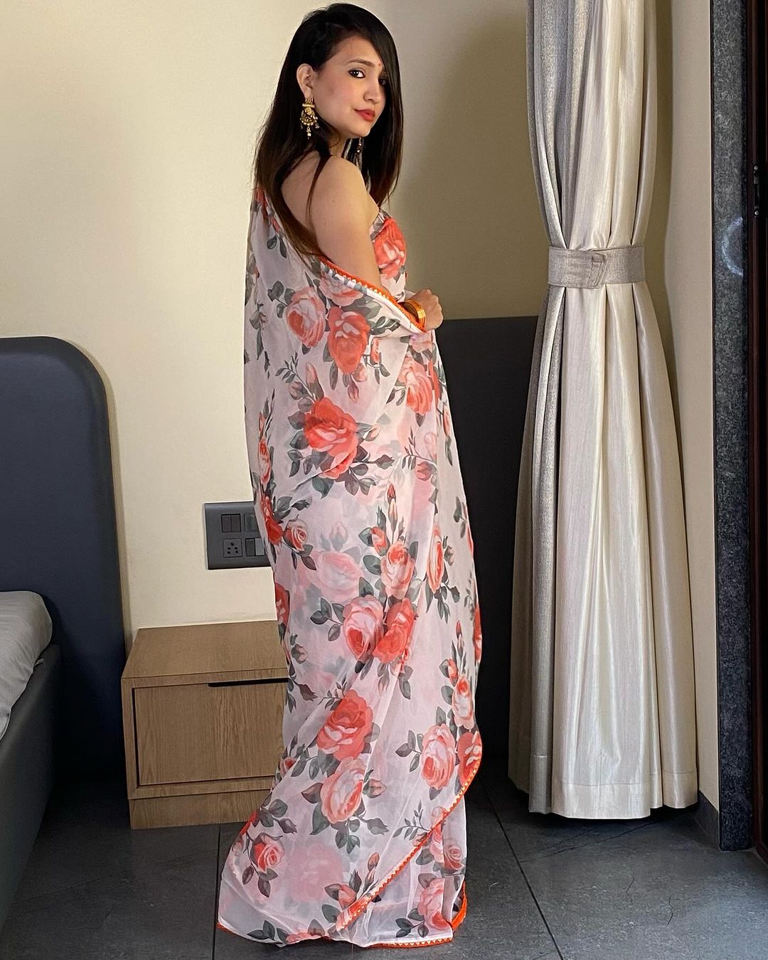 White and orange floral Printed Ready-to-Wear Saree 254